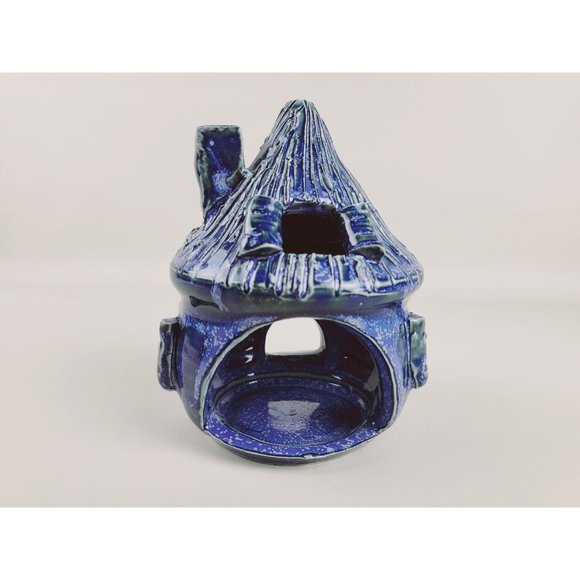 Cobalt Blue Glazed Art Pottery Fairy Cottage Tealight Candle Holder Artist Marke - Picture 10 of 14